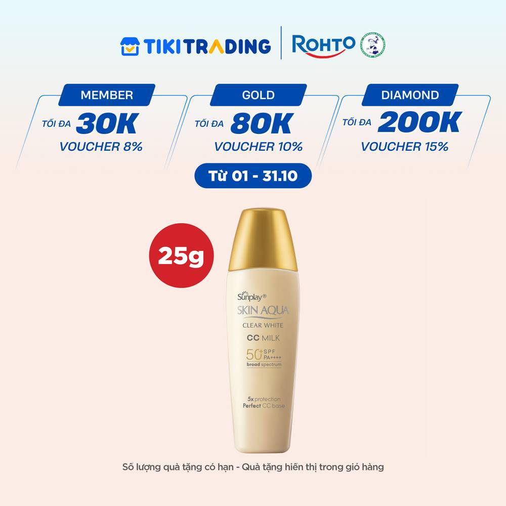 Kem chống nắng Skin Aqua trang điểm tạo nền trắng mịn &amp; đều màu dạng sữa Sunplay Skin Clear White CC Milk SPF 50, PA 25g