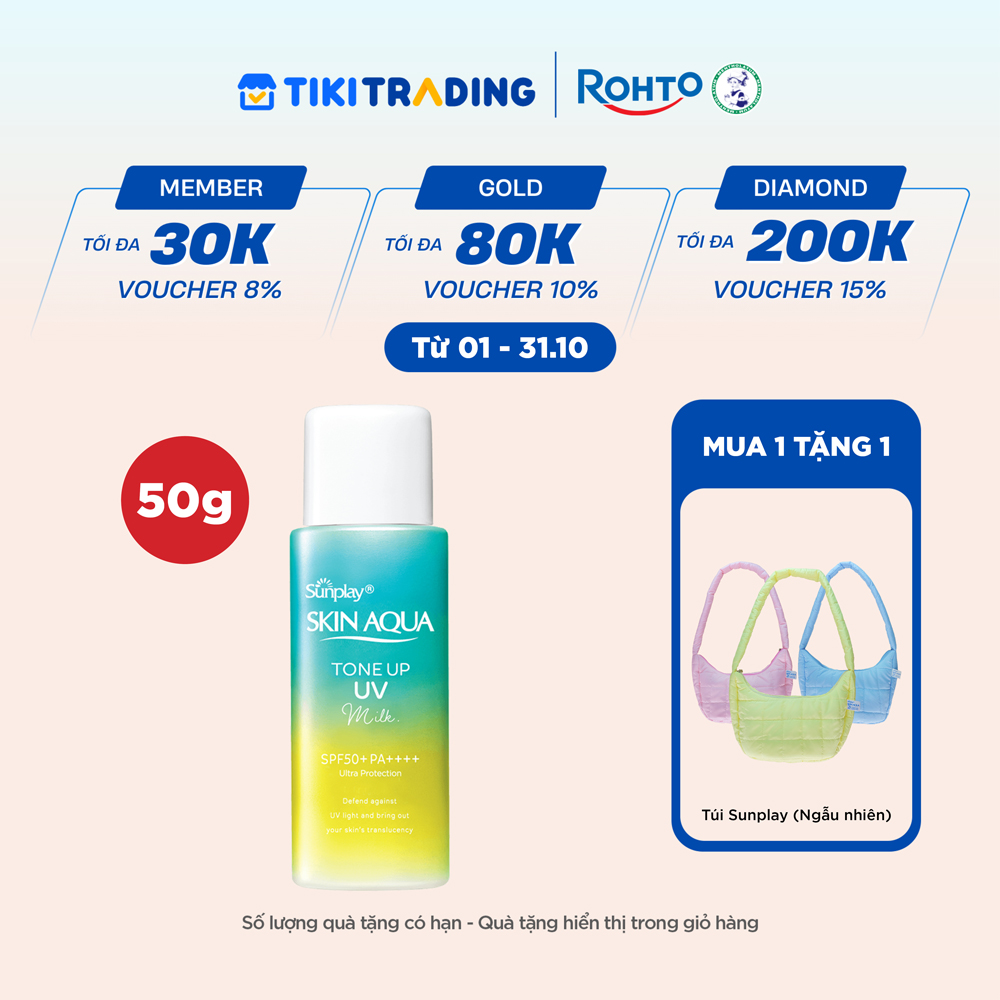 Kem chống nắng nâng tông Skin Aqua Tone up Mint Green cho da trắng có khuyết điểm đỏ, dạng sữa Sunplay Skin Aqua Tone Up UV Milk Mint Green SPF 50 PA 50g