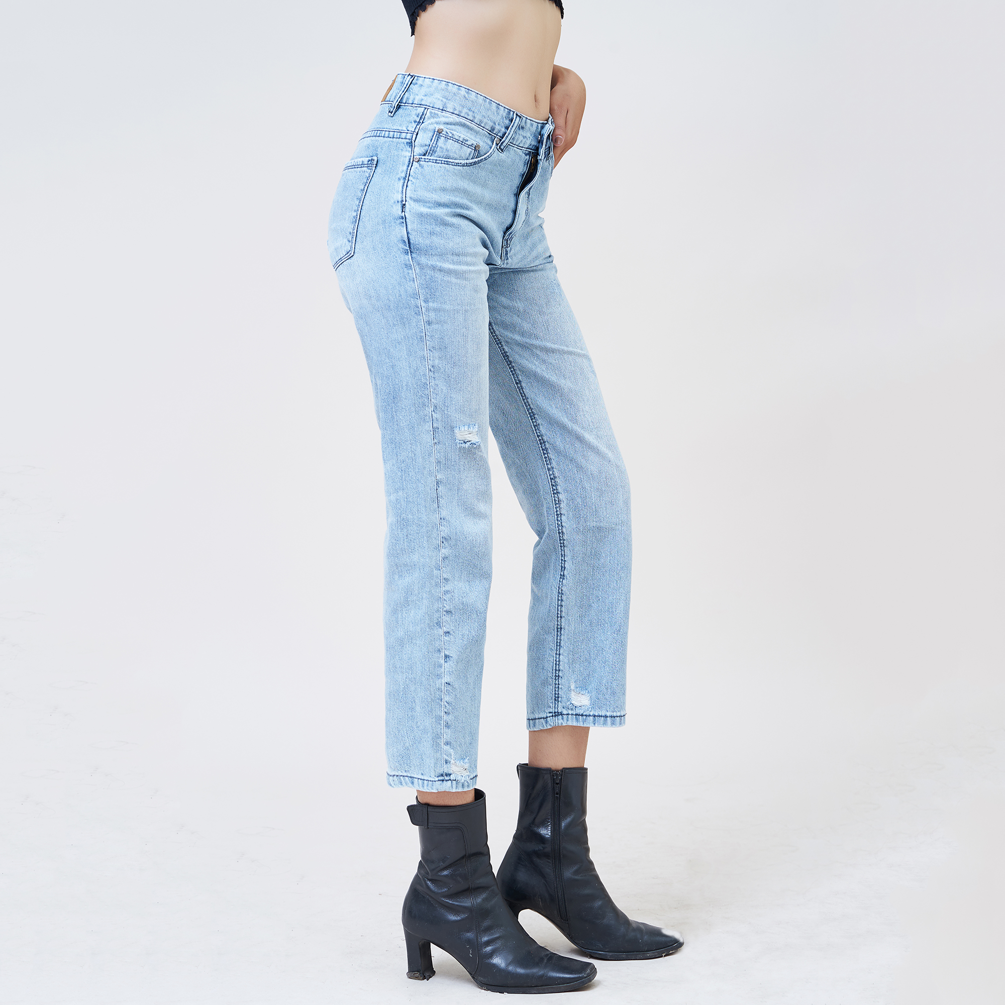 Quần jean nữ AAA JEANS boyfriend lưng cao rách silver blue