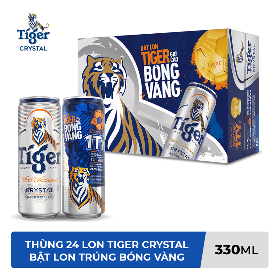 Thùng Bia Tiger Crystal 24 Lon Cao (330ml/Lon) (Bật lon Tiger giơ cao bóng vàng)