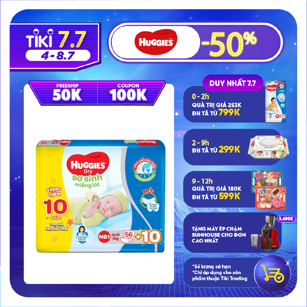 Miếng lót Sơ Sinh Huggies NB1 56 miếng - NB 1  56 (gói 56 miếng) + Tặng 10 miếng