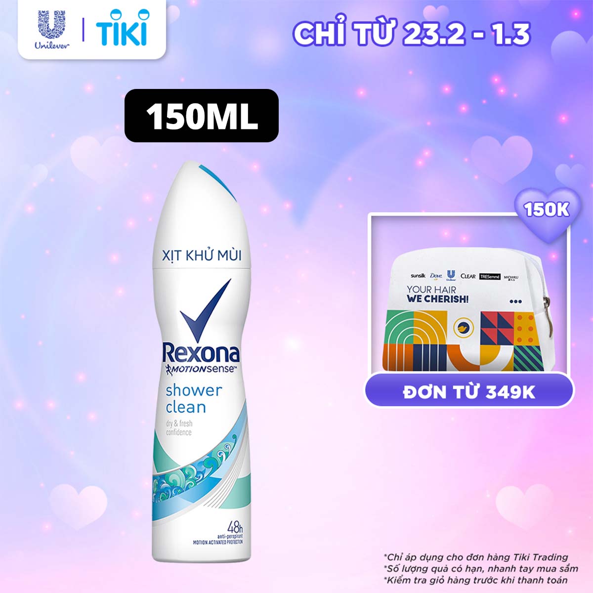 Xịt khử mùi Rexona Shower Clean khô thoáng tối ưu mát lạnh sảng khoái dành cho nữ, 150ml