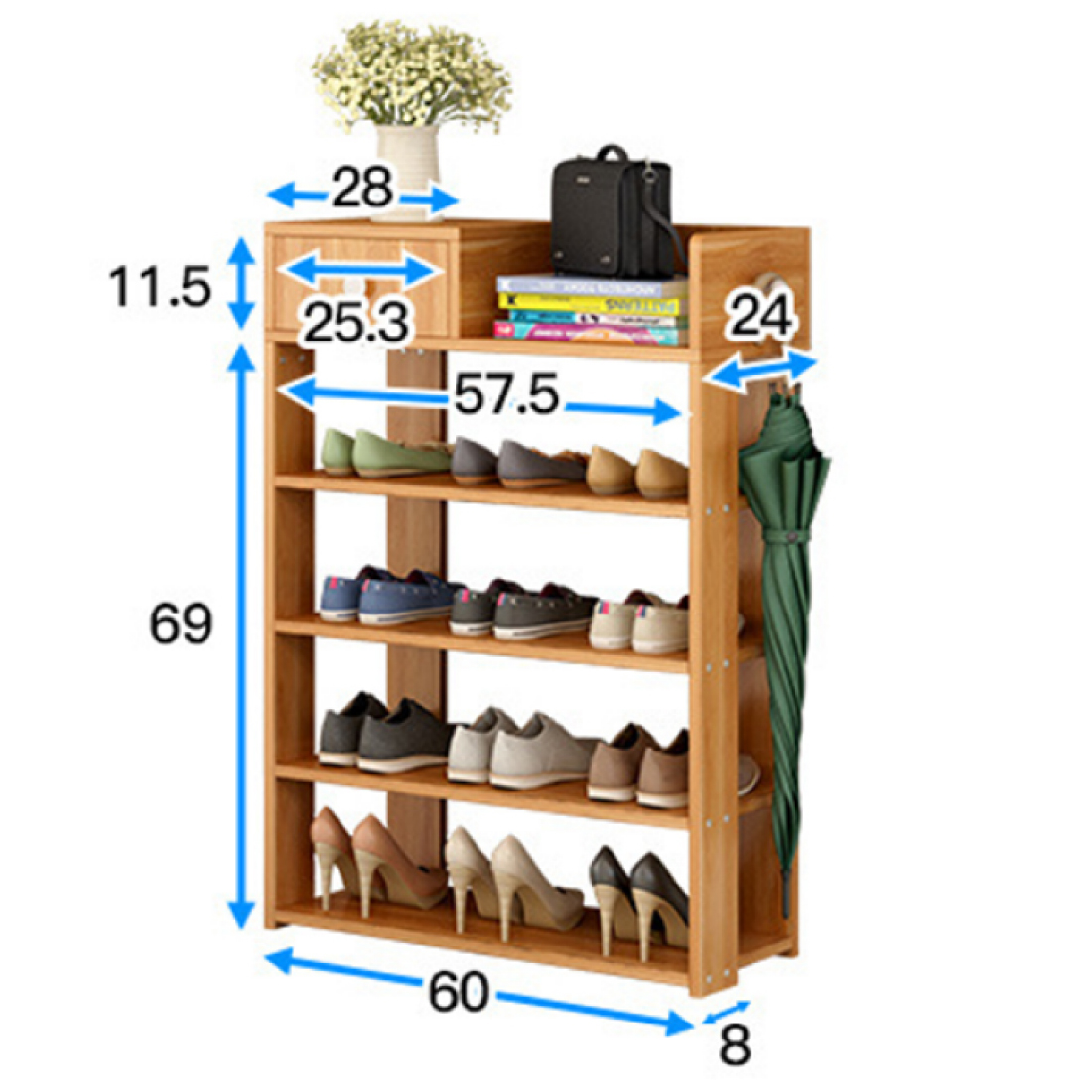 Kệ để giày bằng gỗ, A240 kiểu đứng 5 tầng , cao 80cm x rộng 60cm x sâu 24cm, chất gỗ tự nhiên, dễ phân loại sắp xếp nhiều loại giày dép, có thêm ngăn tủ nhỏ, treo thêm được áo mưa, ô dù
