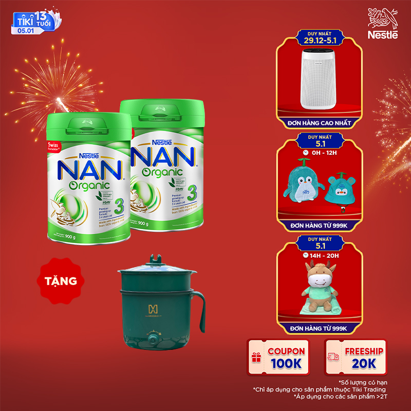 Combo 2 Lon Sữa Bột Nestle NAN Organic 3 900g - Tặng 01 Nồi Nấu Đa Năng 2 Tầng