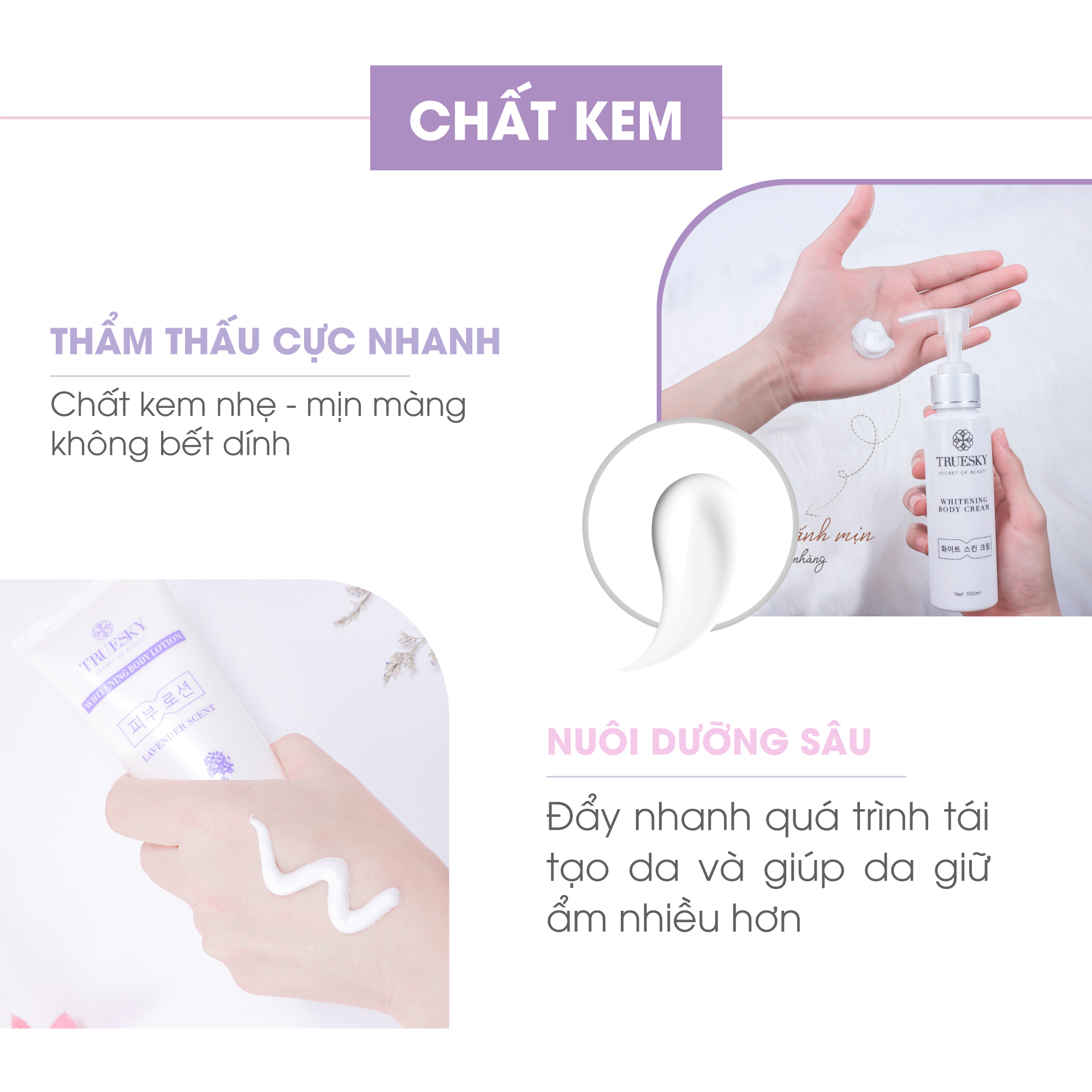 Bộ tắm trắng toàn thân Truesky gồm 1 kem ủ trắng 100g và 1 kem dưỡng trắng hương hoa Lavender 100g