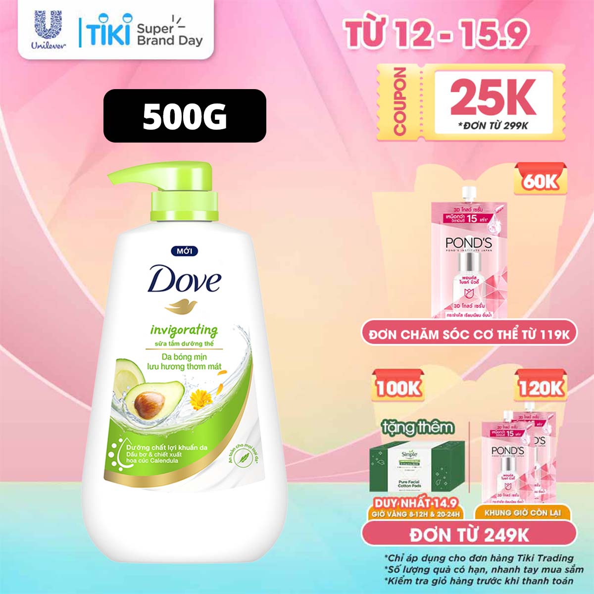 Sữa tắm dưỡng thể Dove Invigorating Da bóng mịn thơm mát với dầu bơ và hoa cúc Calendular 500g