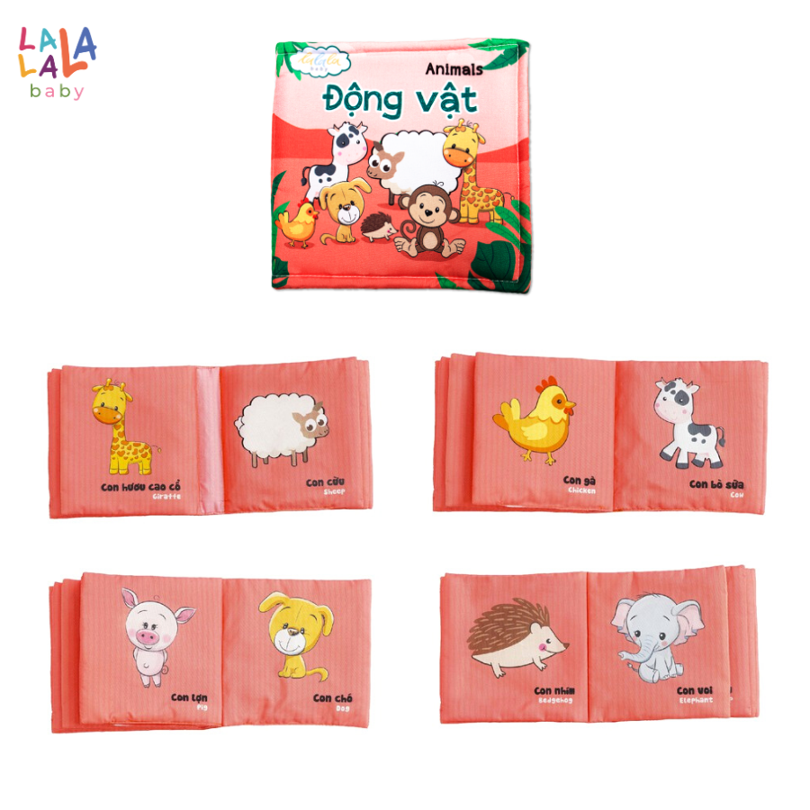 Combo 4 cuốn sách vải song ngữ Lalala baby (chủ đề Động vật, Phương tiện giao thông, Hoa quả, Rau củ), Cung cấp kiến thức quan trọng đầu đời cho bé, tương tác sột soạt thú vị, vải mềm an toàn, CHÍNH HÃNG made in Vietnam