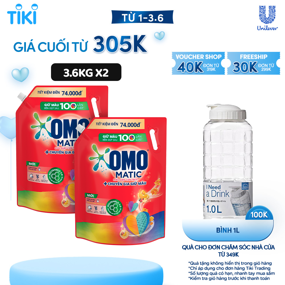 Combo 2 Túi Nước giặt OMO Matic Hương Cam &amp; Hổ phách Chuyên gia giữ màu Cho máy giặt cửa trên 3.6kg