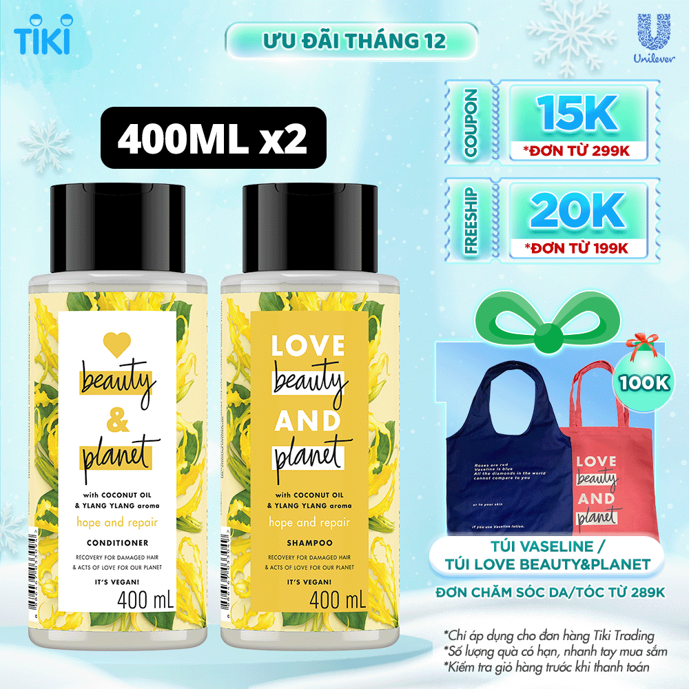 Combo Dầu Gội Dầu Xả Love Beauty &amp; Planet Phục Hồi Chẻ Ngọn Hope &amp; Repair 100% Dầu Dừa Organic Hương Ngọc Lan Tây 400ML