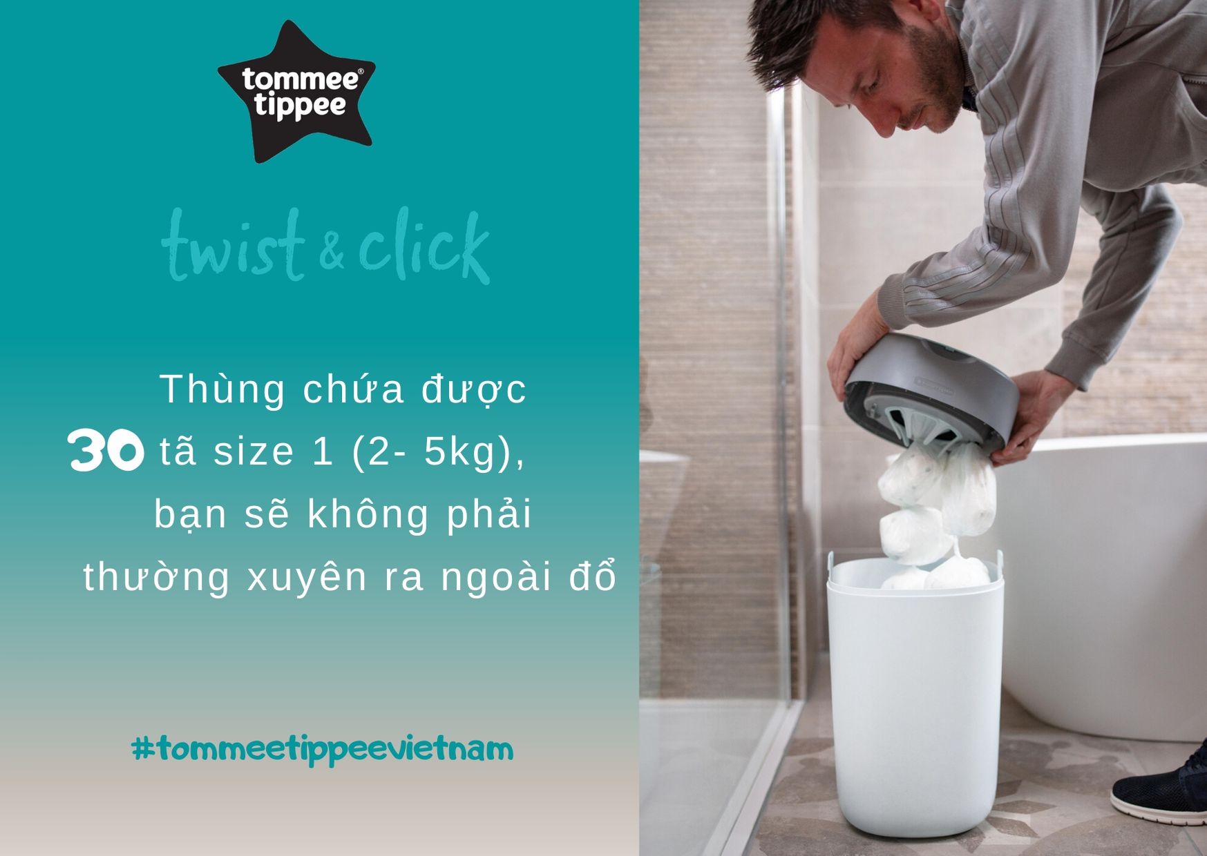 Thùng xử lý tã cho bé Tommee Tippee – Twist &amp; Click – Trắng