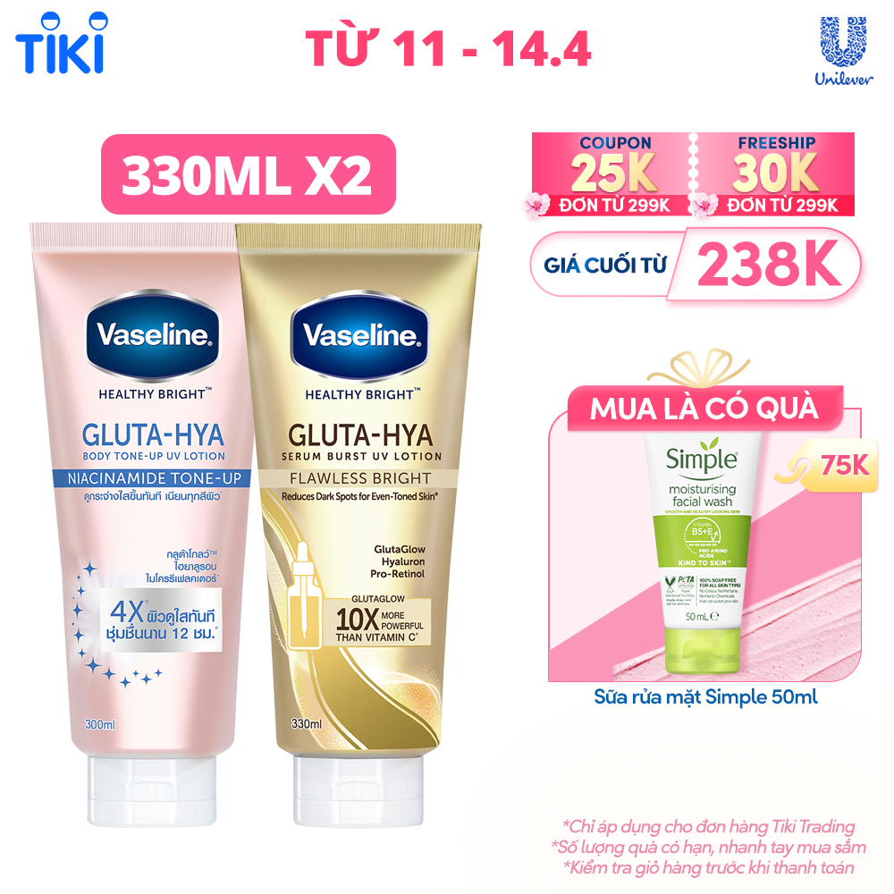 Combo Sữa dưỡng thể Vaseline Gluta-Hya Dưỡng Da Sáng Mịn Sau 7 Ngày Bảo vệ, dưỡng sáng mịn và Dưỡng sáng chuyên sâu 330 ML