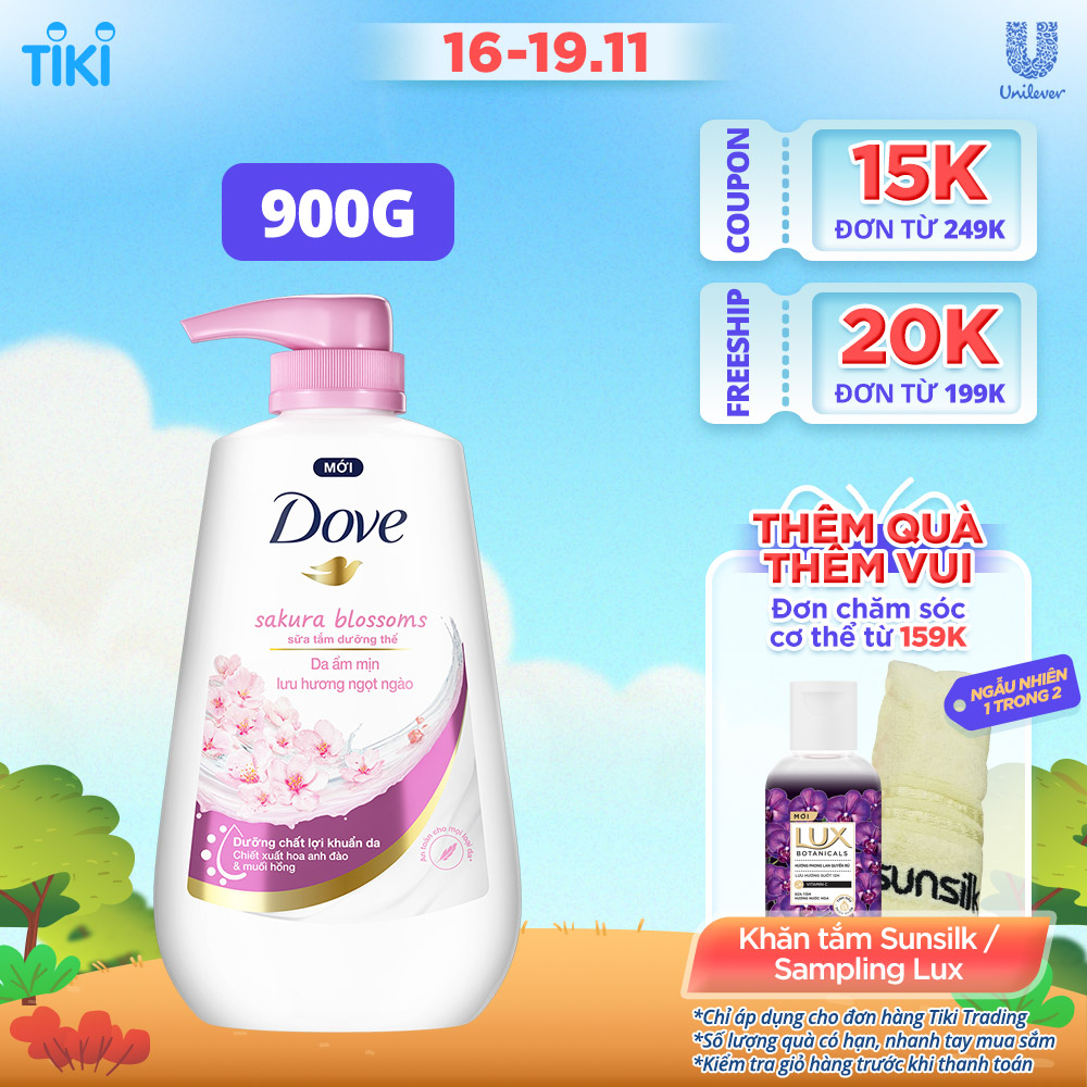 Sữa tắm dưỡng thể Dove Sakura Blossoms Da mềm mịn hương hoa với hương hoa anh đào &amp; muối hồng 900g