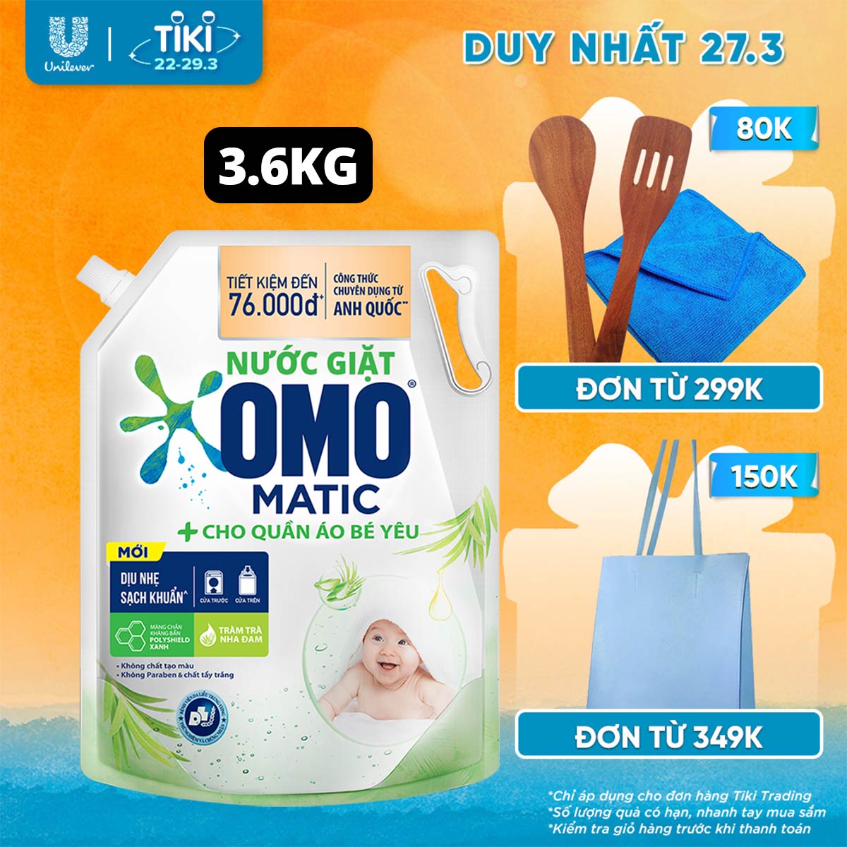 Túi Nước Giặt Omo Matic Cho Quần Áo Bé Yêu Chiết Xuất Tràm Trà Và Nha Đam Dịu Nhẹ, Sạch Khuẩn 3.6Kg