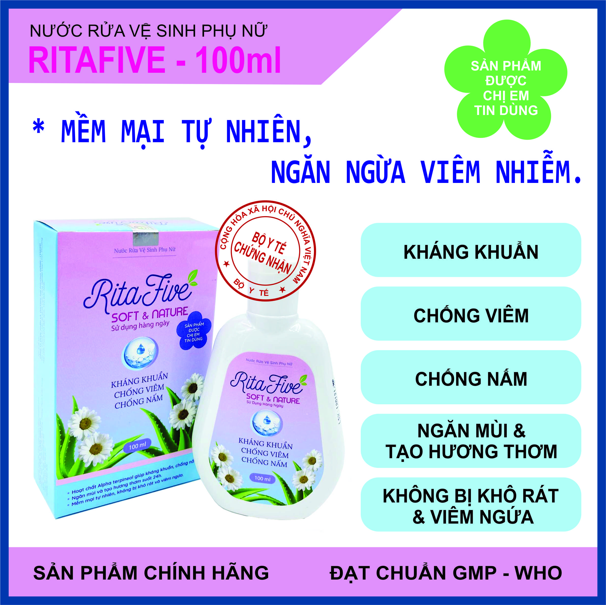 Dung Dịch Vệ Sinh Phụ Nữ Ritafive (100ml) - Mềm mại tự nhiên, ngăn ngừa viêm nhiễm, kháng khuẩn, chống nấm, ngăn mùi phụ khoa, giúp bạn tự tin trọn 24h