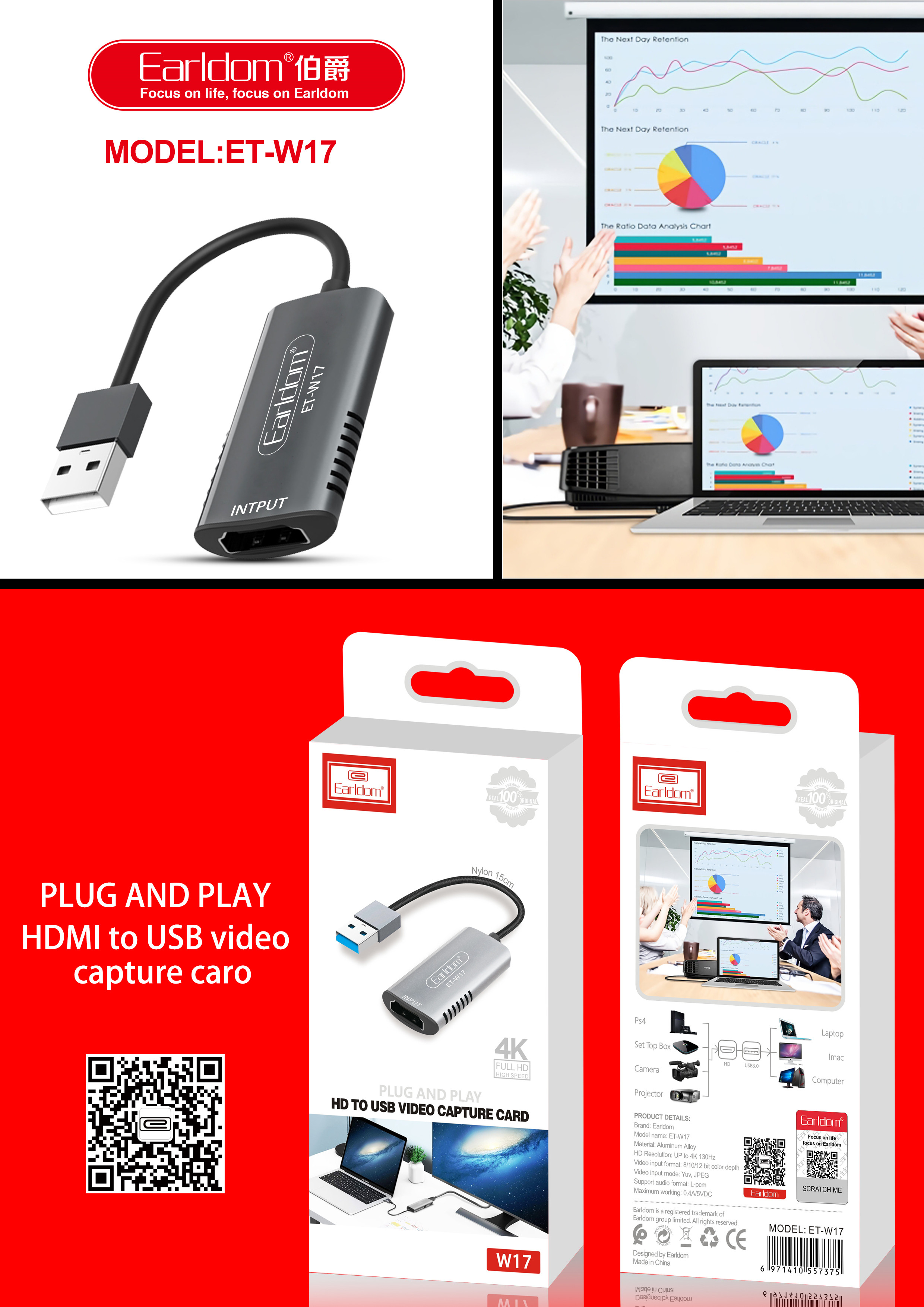 Cáp HDMI to USB 3.0 Video Capture Earldom ET-W17 - Hỗ Trợ Live Stream, Ghi Hình Từ Điện Thoại, Camera, PS4, XBOX - Hàng Chính Hãng