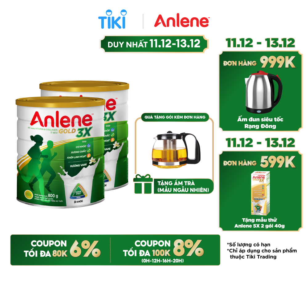 Combo 02 Sữa Bột Anlene Gold 3X Hương Vanilla (Hộp thiếc 800g) - Tặng bộ 2 khăn Anlene