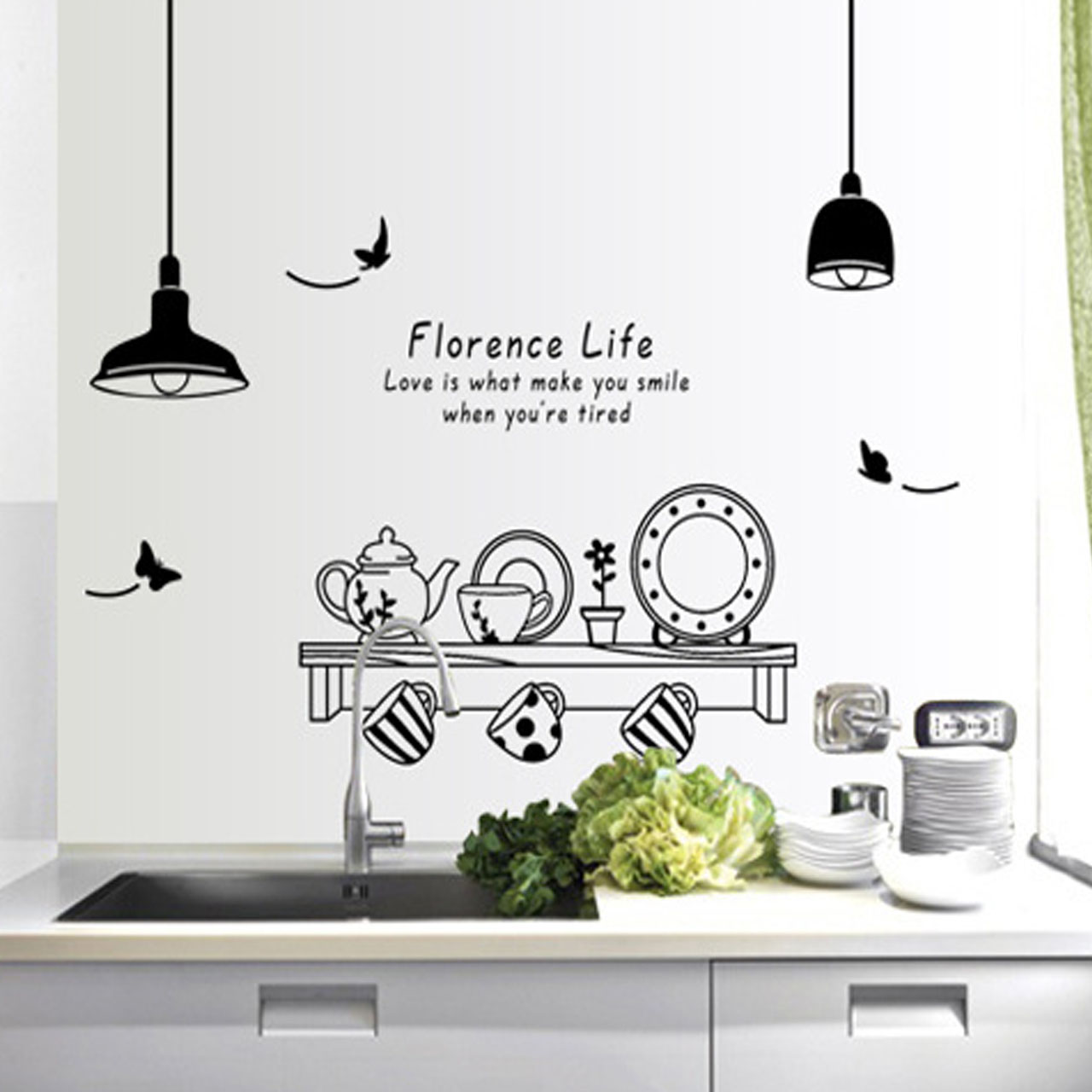 Decal dán tường trang trí phòng bếp- Kệ bếp và ấm chén- mã sp AY9138