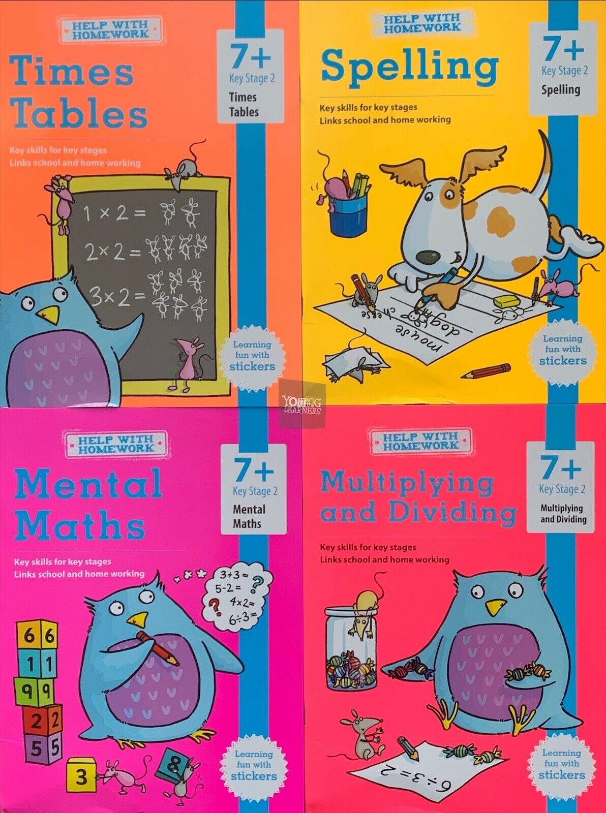 Help With HomeWork - 4 Book Bumper Pack  : Maths , Multiplying and Dividing , Spelling and Times Tables (Ages 7+) (Includes Awesome Poster)