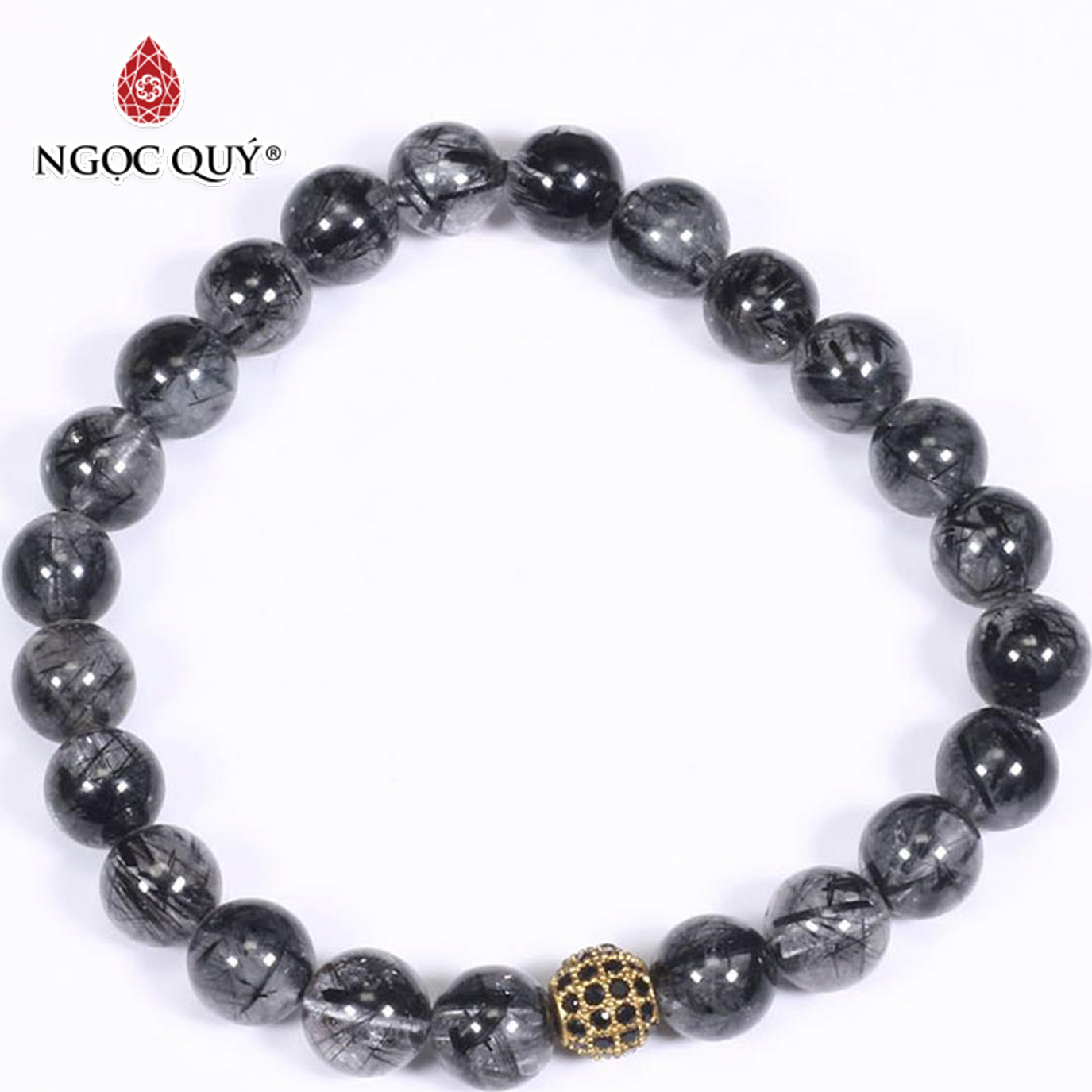 Vòng tay đá thạch anh tóc đen mix charm vàng gắn đá đen 6mm mệnh thủy, mộc - Ngọc Quý Gemstones