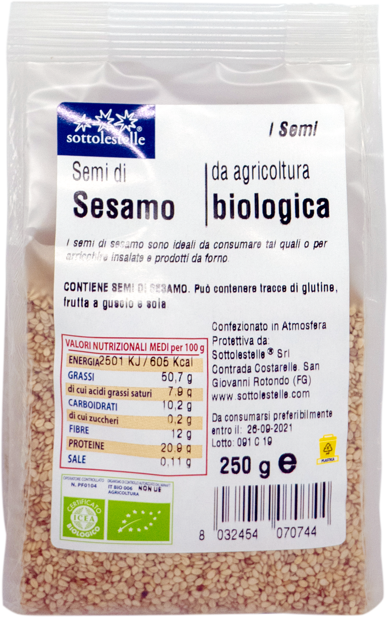 Hạt mè hữu cơ đã bóc vỏ Sottolestelle 250g Organic Sesame