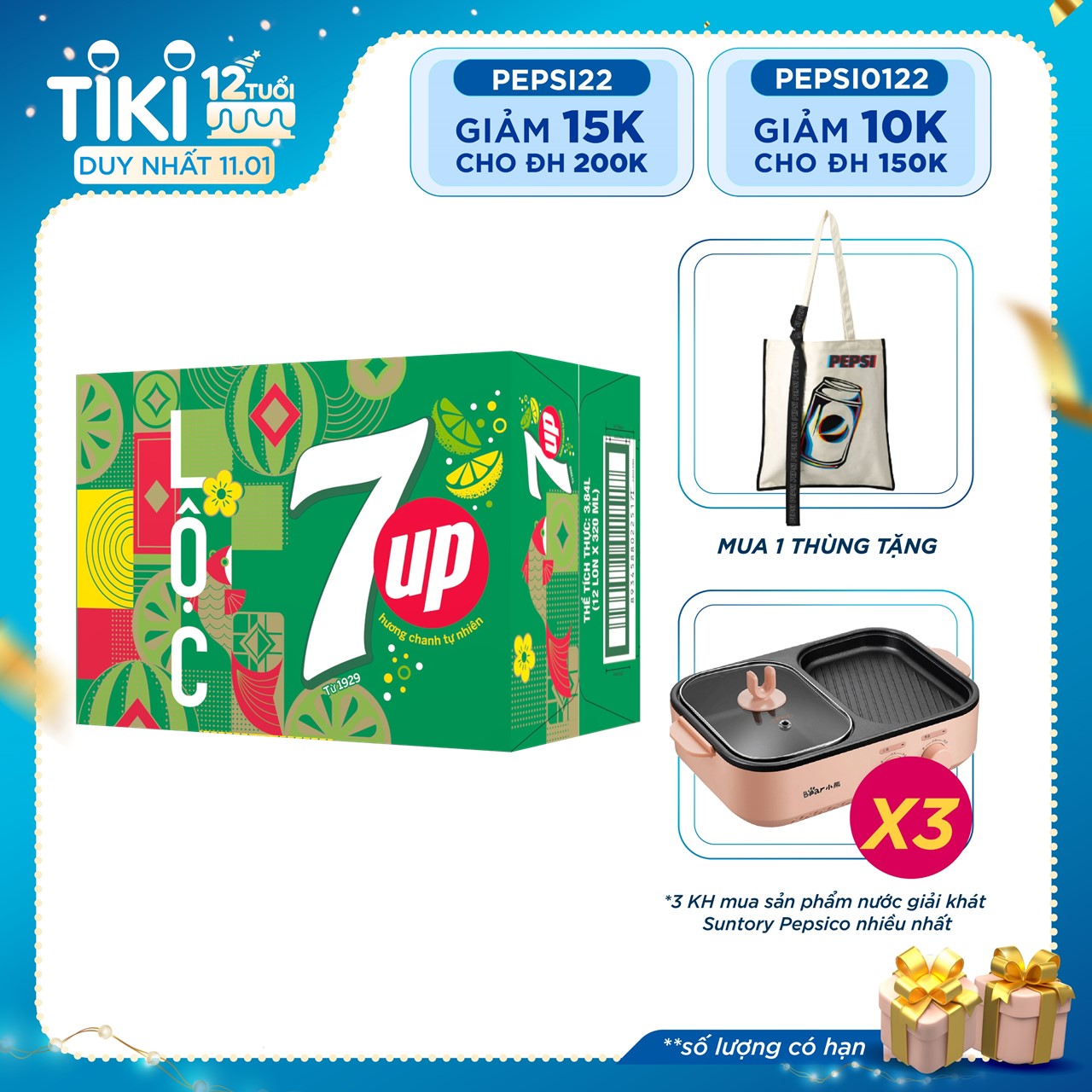 Thùng 12 Lon Nước Ngọt Có Gaz 7Up (320ml/lon) - Phiên Bản Tết