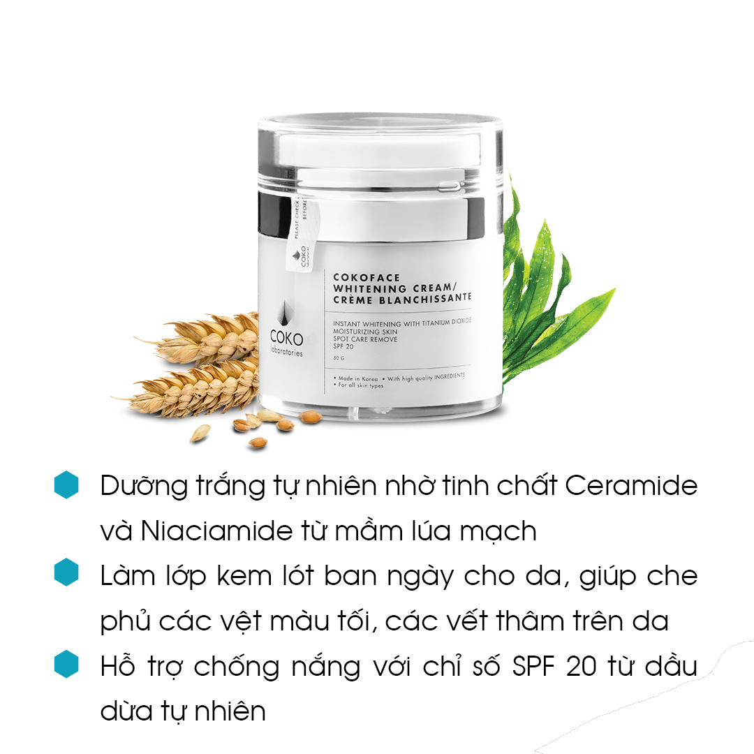 Kem Trang Điểm Dưỡng Trắng Da Thiên Nhiên COKO Face Whitening Cream (50g) – Tone Up Cream Dưỡng Ẩm Ngày &amp; Đêm Chống Nắng SPF 20, Giảm Thâm Nám Và Ngăn Ngừa Lão Hoá Cho Da Trắng Sáng Tự Nhiên – Hàng Chính Hãng