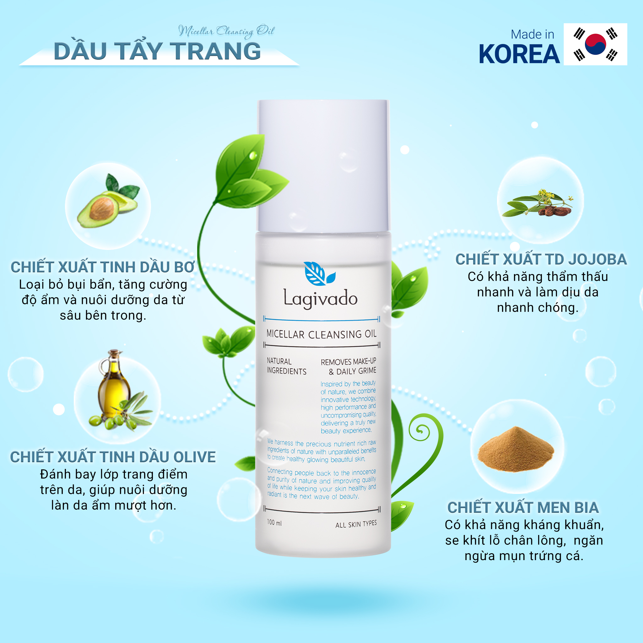 Dầu Tẩy trang 3 in 1 làm sạch sâu cho cả mắt, mặt, môi Hàn Quốc Lagivado Micellar Cleansing Oil 100 ml