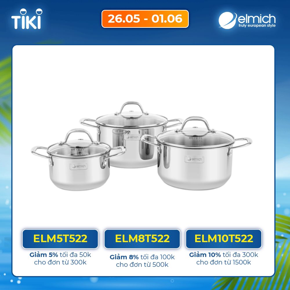 Bộ nồi Inox liền khối Elmich Trimax Cz EL-3833 size 16, 20, 22cm