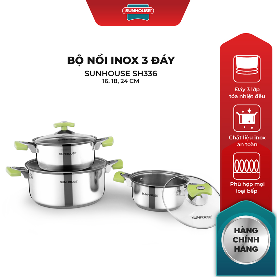 Bộ Nồi inox 3 đáy Sunhouse SH336 (16cm, 18cm, 24cm) - Dùng cho mọi loại bếp - Hàng chính hãng