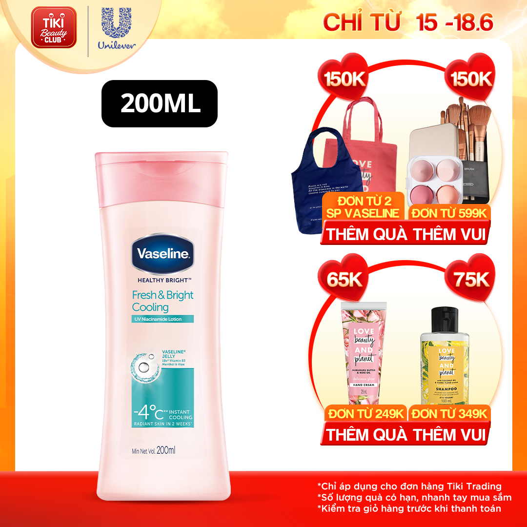 Sữa Dưỡng Thể 200Ml Vaseline Dưỡng Ẩm Sáng Da Fresh &amp; Bright 10X Niacinamide Giúp Da Sáng Khỏe Mịn Căng Tinh Chất Menthol Mát Lạnh Như Tuyết Tan Trên Da