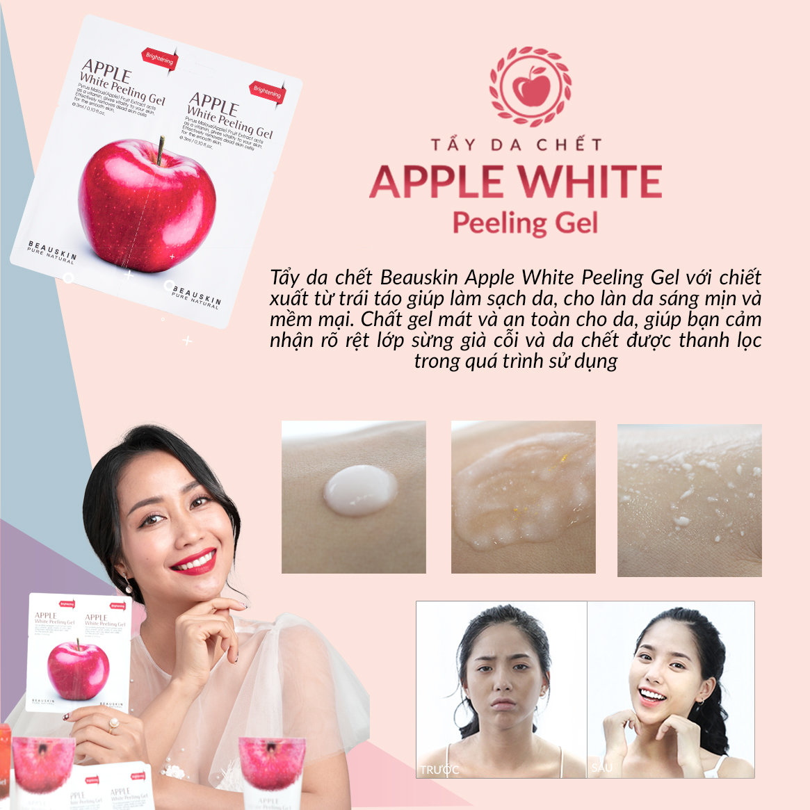 Combo mặt nạ dưỡng da và làm sạch mụn bao gồm mặt nạ BeauskinAqua Jelly Sheetmask và Tẩy da chết minisize Apple Peeling Gel - Hàn Quốc Chính Hãng