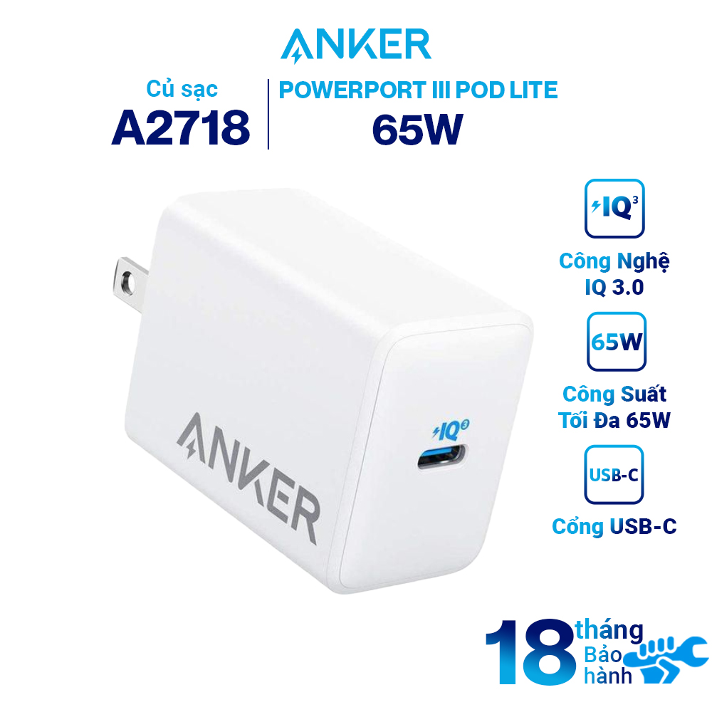 Adapter Sạc Anker 1 cổng 65W Hỗ Trợ Sạc Nhanh PIQ 3.0 PowerPort III Pod Lite - A2718 - Hàng chính hãng