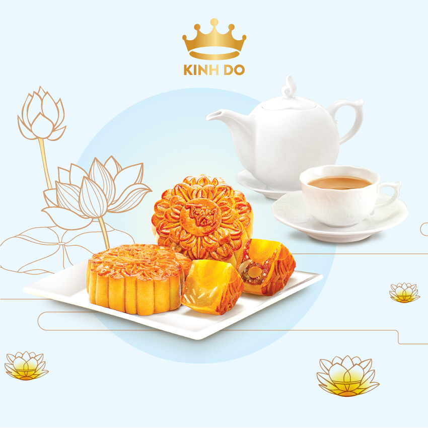 Hộp bánh trung thu Kinh Đô - Trăng vàng Hồng Ngọc An Nhiên (4 bánh x 160gr) + Tặng bộ lồng đèn, đầu lân, mặt nạ ông địa