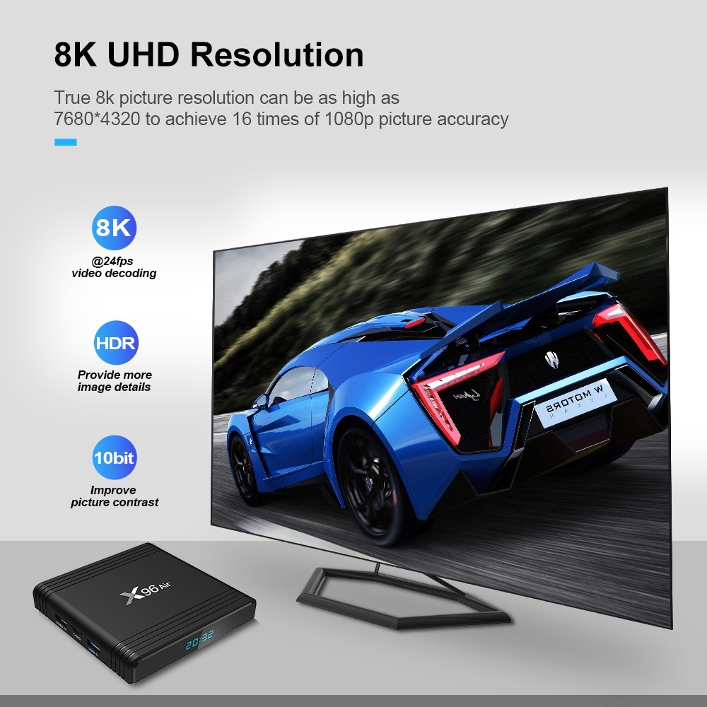 [Hot Sale][Sản phẩm mới] Hộp TV thông minh X96 Air Amlogic s905x3 Hỗ trợ độ phân giải 8K HDH Android 9.0 cấu hình 4GB Ram  Rom hỗ trợ kết nối 2.4G và 5G Wifi Bluetooth với Trình phát phương tiện thông minh