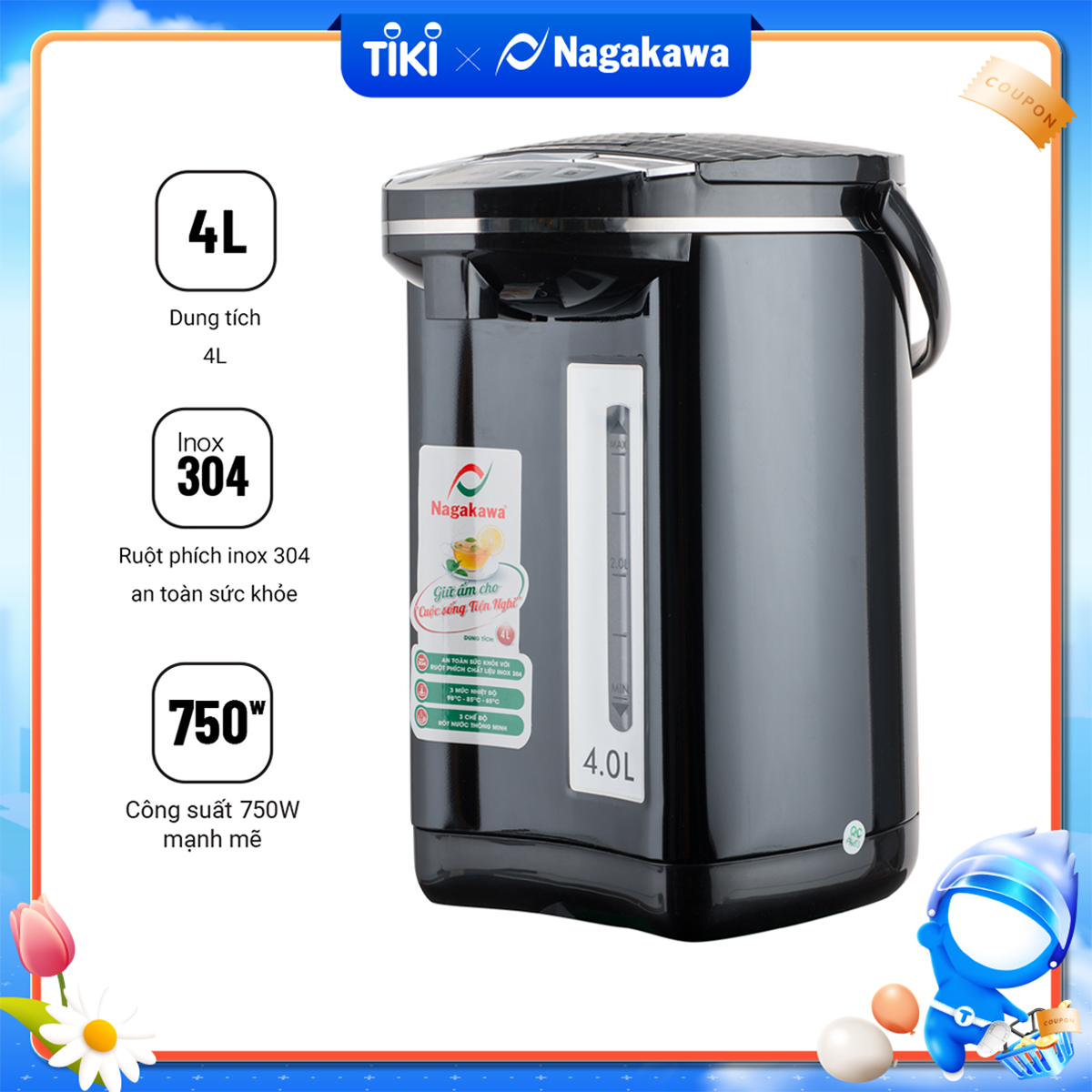 Bình Thủy Điện 3 Mức Nhiệt Nagakawa NAG0404 (4.0 Lít) - Hàng Chính Hãng