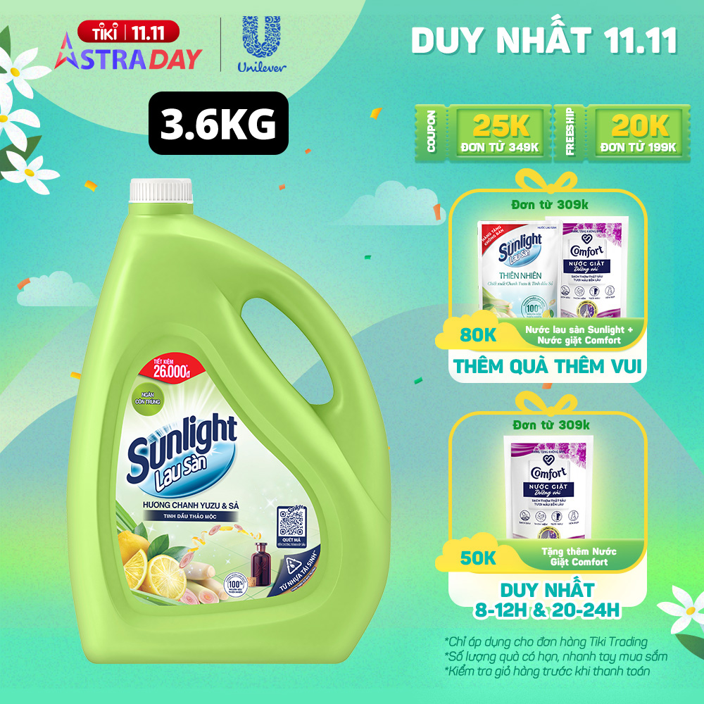 Nước Lau Sàn Sunlight Tinh Dầu Thảo Mộc Hương Hương Chanh Yuzu &amp; Sả 3.6 Kg - Sạch Thơm Thư Thái - Nhà Thêm Trong Lành