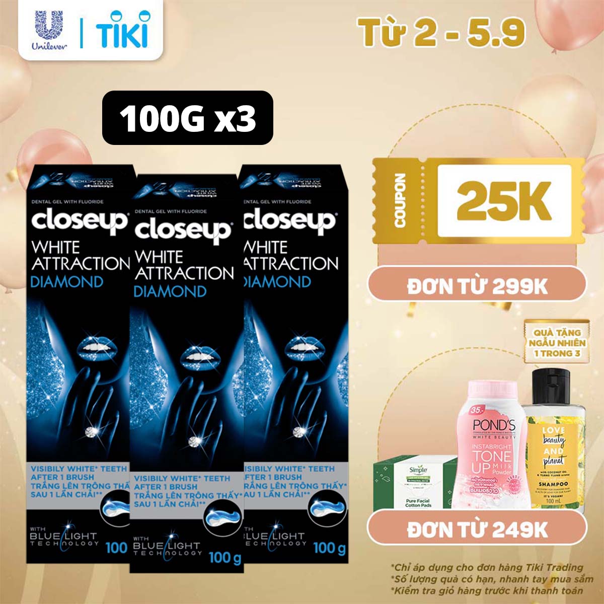 Combo 3 Kem Đánh Răng Closeup Dạng Gel Trắng Răng Diamond Attraction Ngay Sau 1 Lần Chải 100G/Tuýp