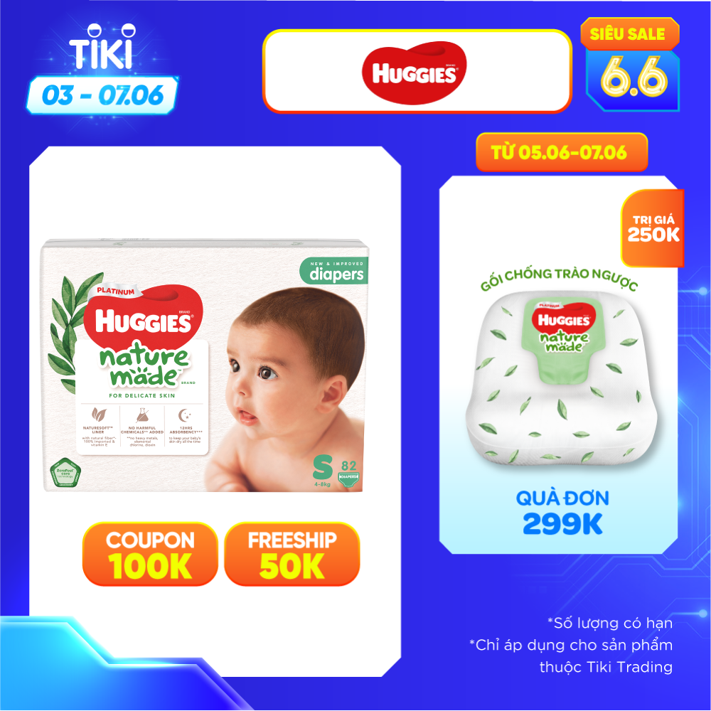 Tã Dán Siêu Cao Cấp Huggies Platinum Naturemade S82 (82 Miếng)