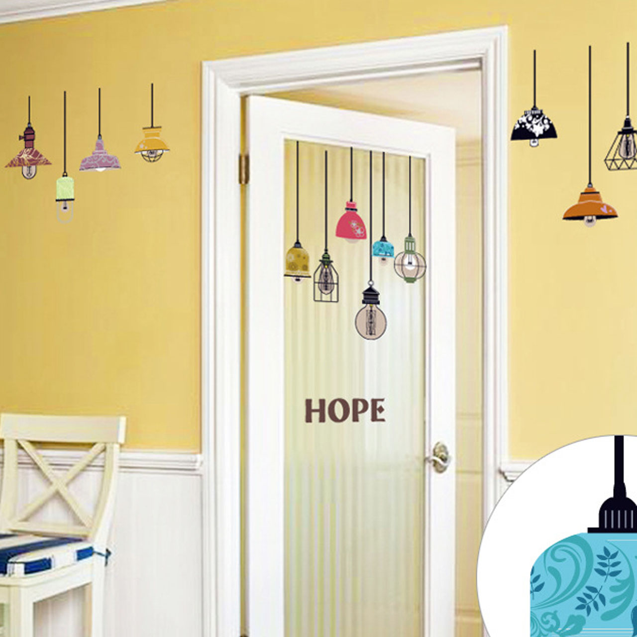 Decal dán tường trang trí quán cafe, phòng khách- Dây đèn treo chữ hope- mã sp SK9144