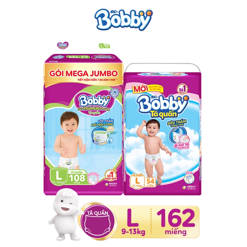 Combo Tã quần Bobby bịch Mega Jumbo + Super Jumbo đủ size M/L/XL/XXL