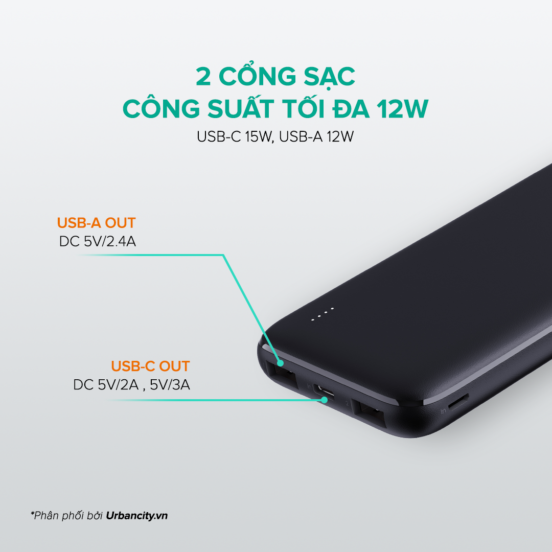 Pin Sạc Dự Phòng Siêu Mỏng 10.000 mAh Aukey PB-N73 1 Cổng Sạc Nhanh Type C 15W, 2 Cổng USB-A - Hàng Chính Hãng