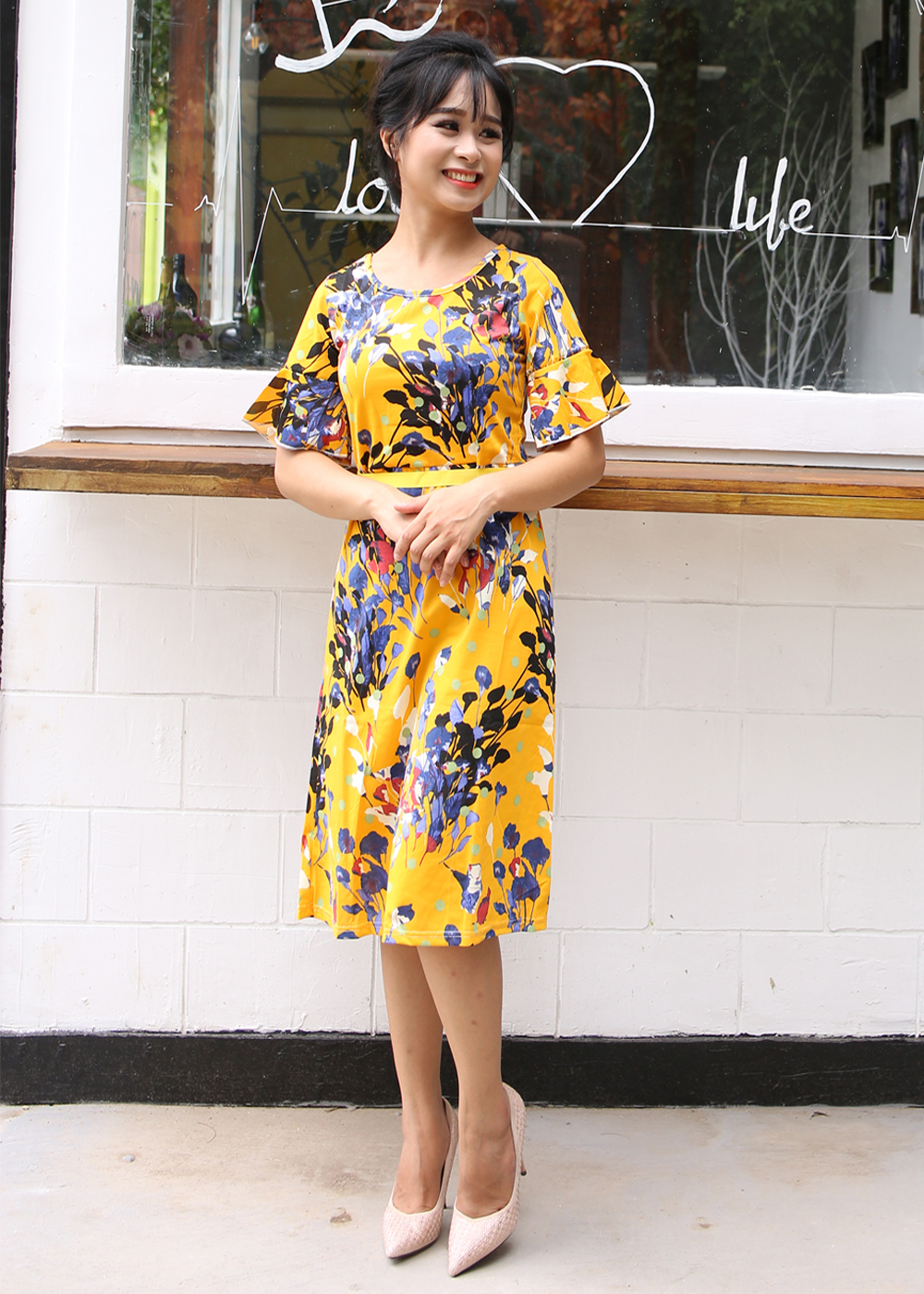 Váy Hoa Vàng Tiểu Thư Cổ Tròn Ôm Eo New4all VH3060 - Freesize Cho người dưới 50Kg
