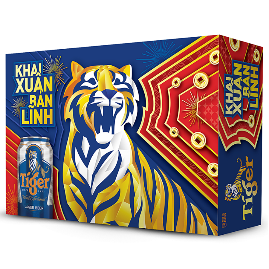 Thùng 24 lon bia Tiger 330ml - Bao bì Xuân