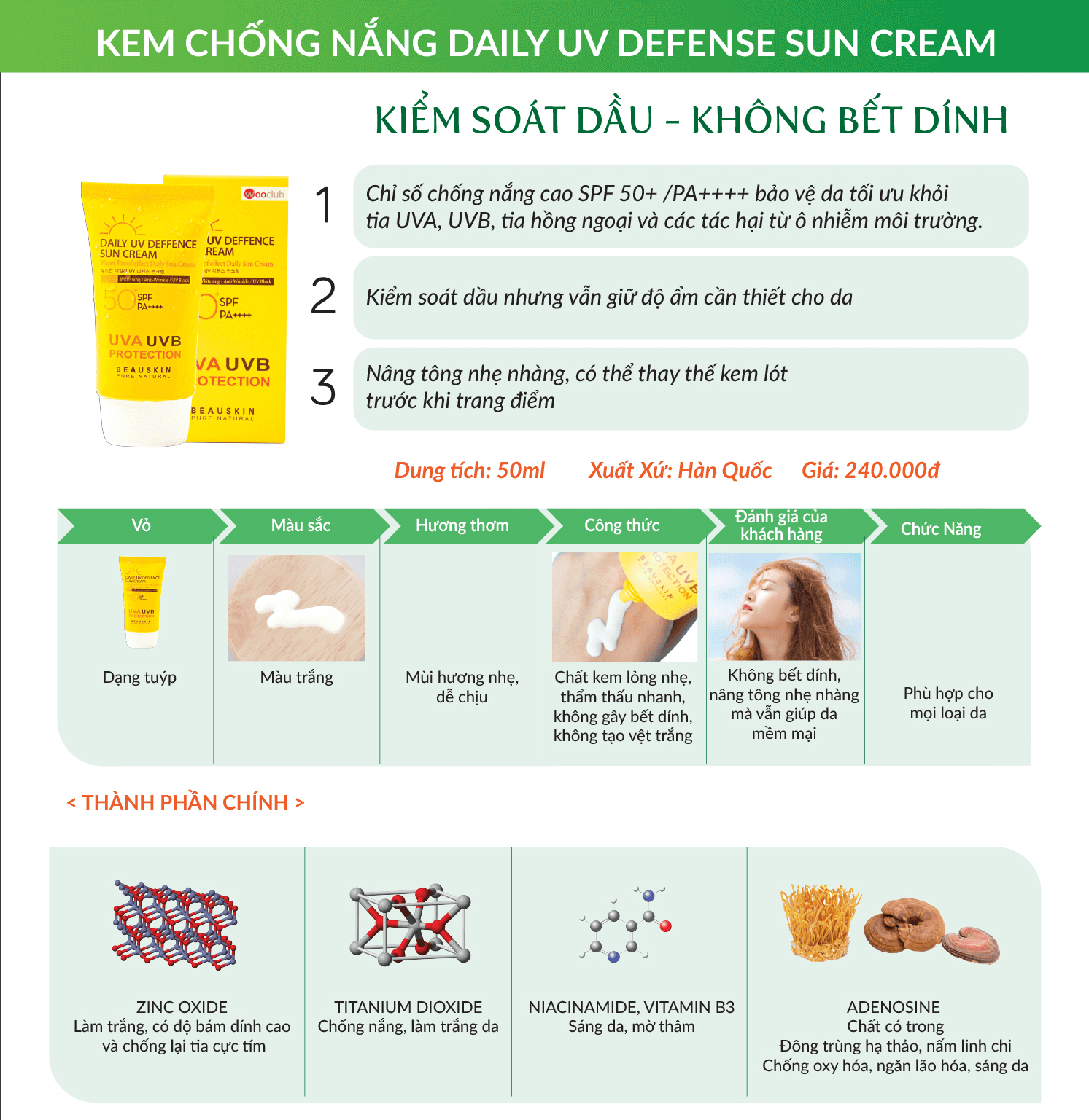 Kem chống nắng bảo vệ kiểm soát bóng nhờn lâu trôi Beauskin Daily UV Deffence Sun Cream 50ml - Hàn Quốc Chính Hãng