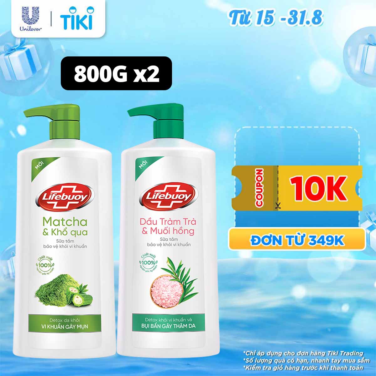 Combo 2 Sữa tắm Lifebuoy Detox và Bảo vệ khỏi vi khuẩn : Matcha &amp; Khổ qua, Dầu Tràm trà &amp; Muối hồng Chai 800G