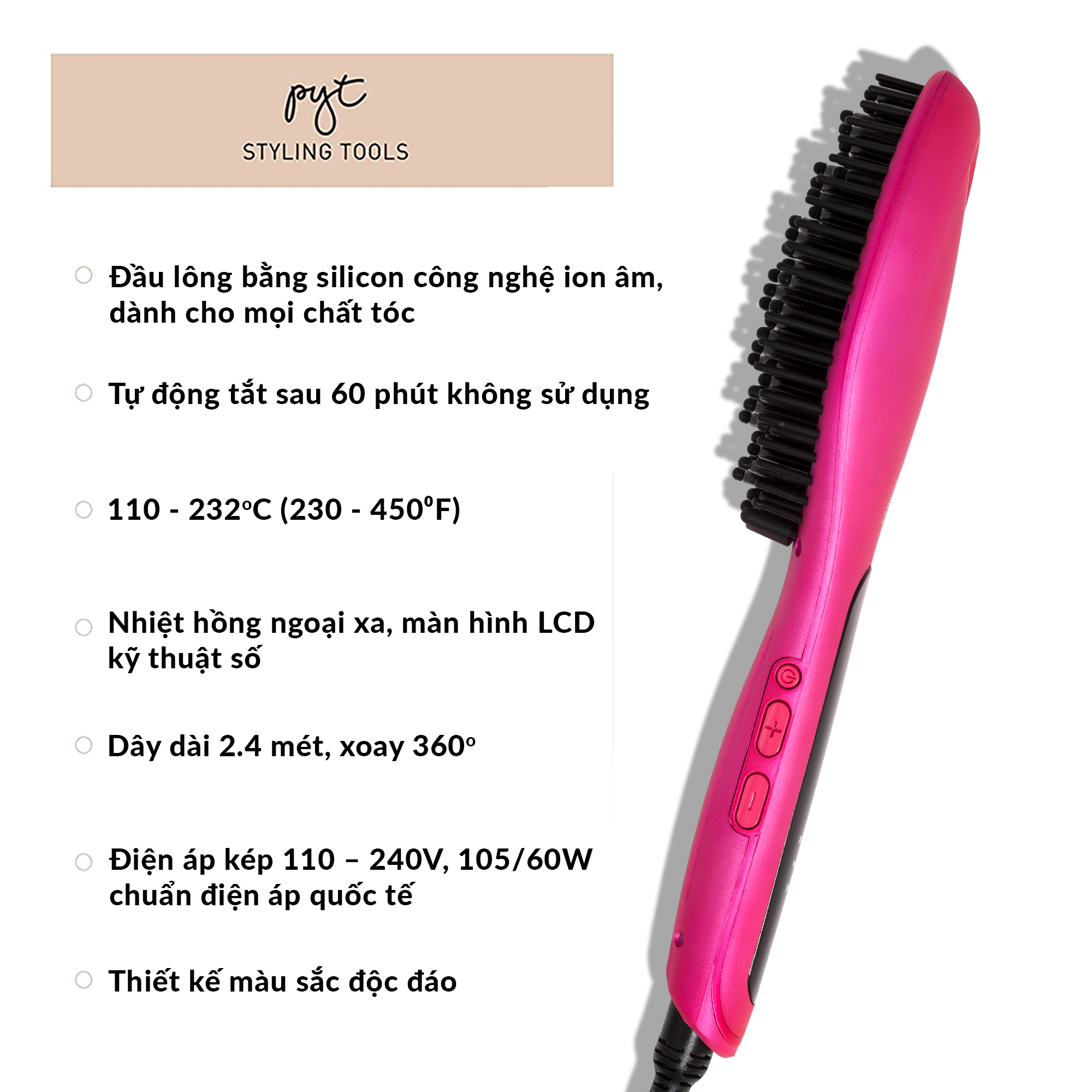 Lược Điện Tạo Kiểu Tóc PYT Thermal Styling Brush - Màu Hồng - Có Thể Duỗi Và Làm Phồng Chân Tóc - Công Nghệ Ion Âm Và Nhiệt Hồng Ngoại Xa