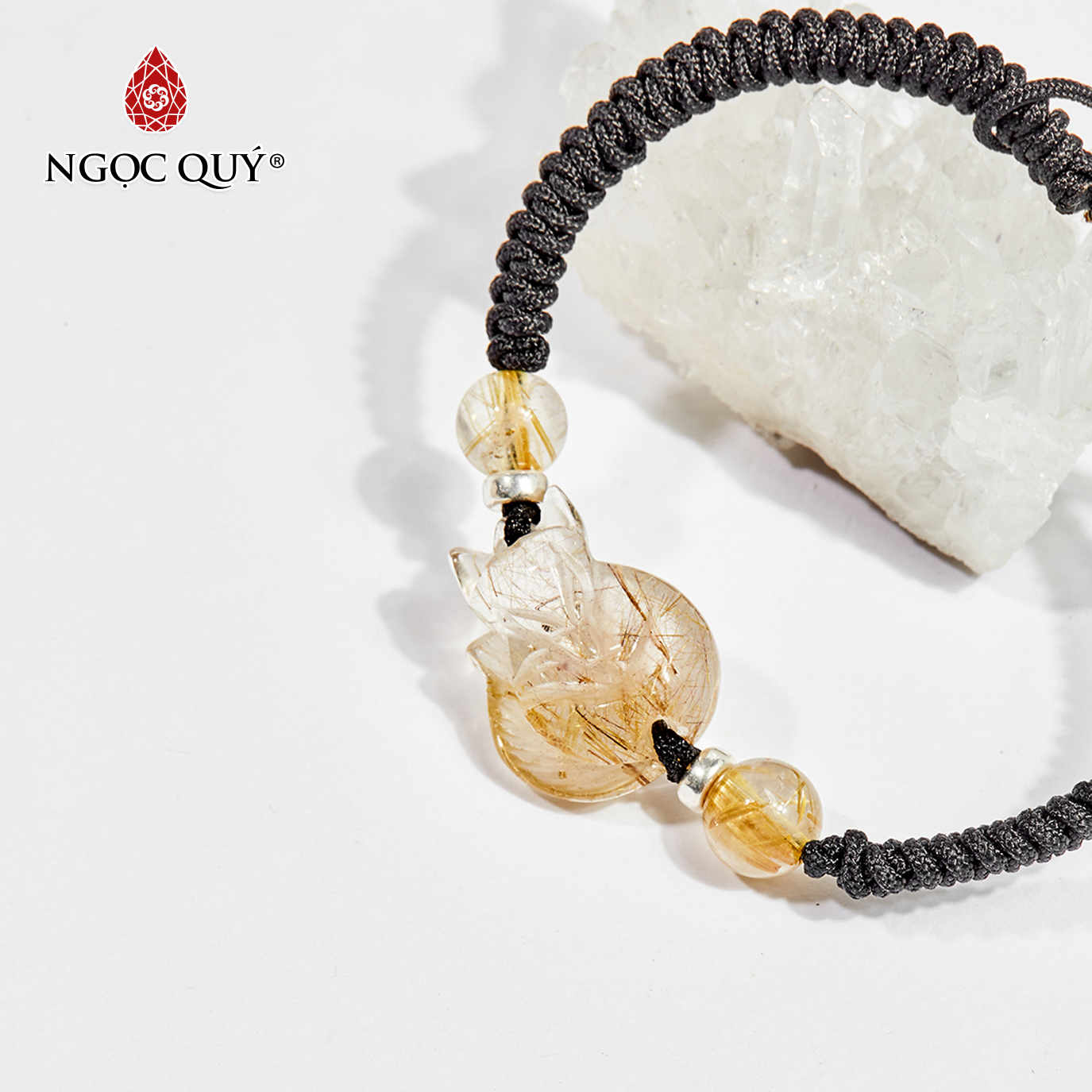 Vòng tay kết dây đá thạch anh tóc vàng charm hồ ly mệnh thủy , kim - Ngọc Quý Gemstones