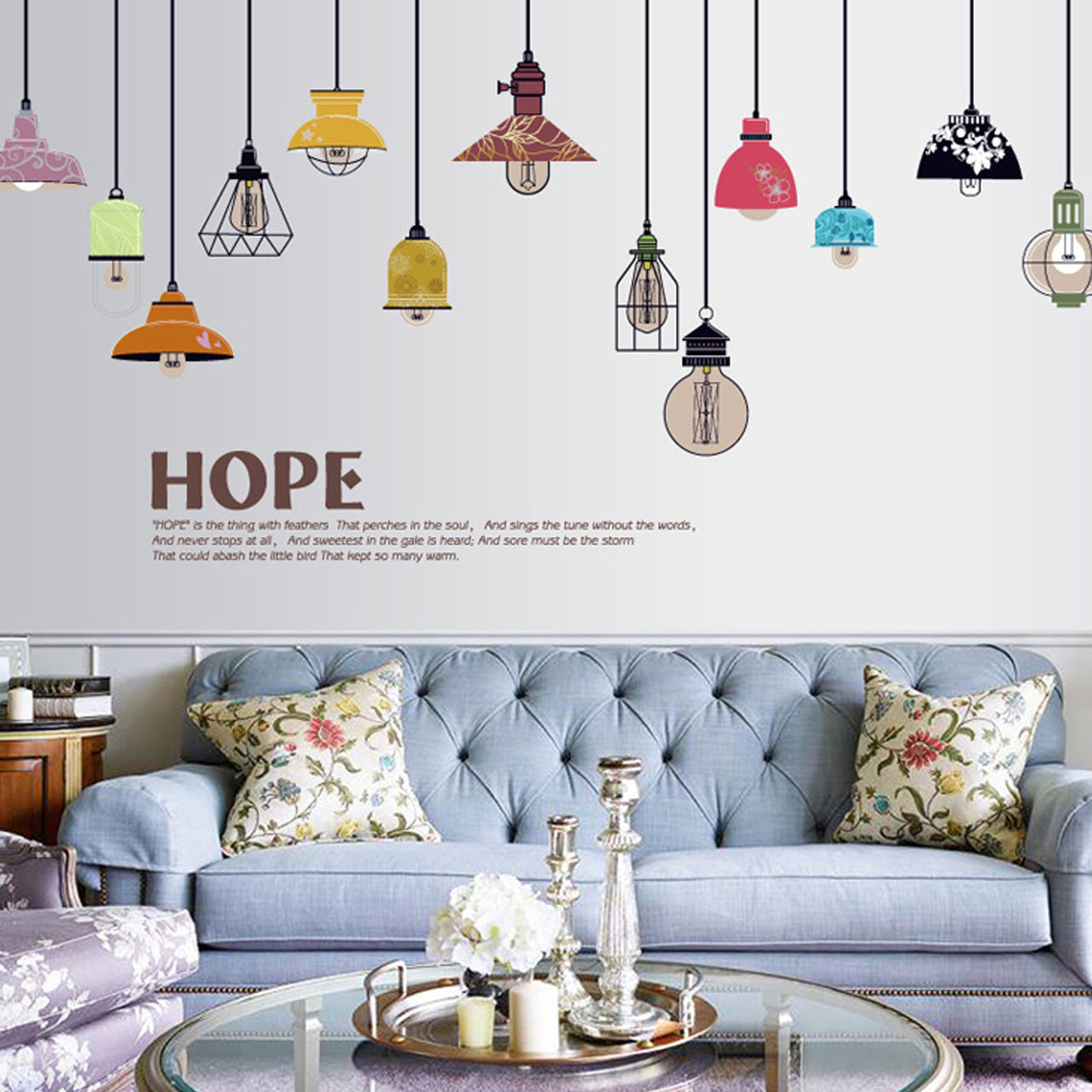 Decal dán tường trang trí quán cafe, phòng khách- Dây đèn treo chữ hope- mã sp SK9144