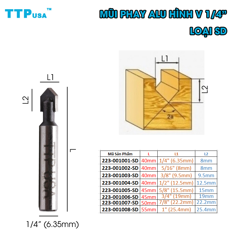 Mũi Phay Alu hình V TTPusa loại SD 1/4