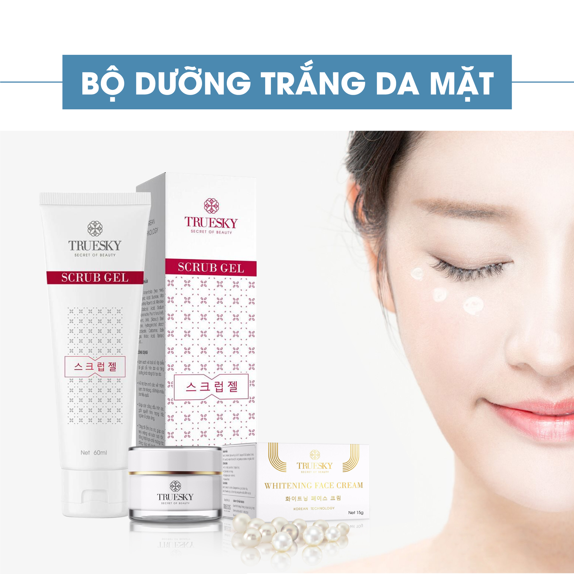 Bộ sản phẩm dưỡng trắng da mặt Truesky gồm 1 kem dưỡng trắng da mặt 15g + 1 gel tẩy tế bào chết mặt 60ml